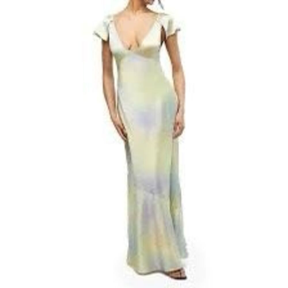 NWT WeWoreWhat SilkyāCharmeuse Maxi Slip Dress in a pastel watercolor pattern.